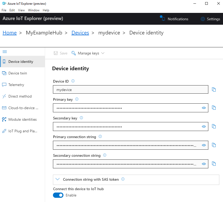 Captura de tela da identidade do dispositivo do Azure IoT Explorer