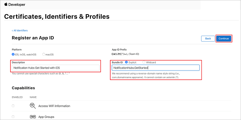 Página de registro da ID do aplicativo no Portal de Provisionamento do iOS