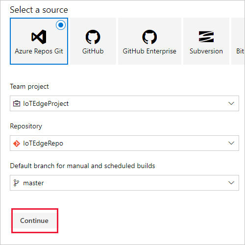 Captura de tela mostrando como selecionar a origem do pipeline.