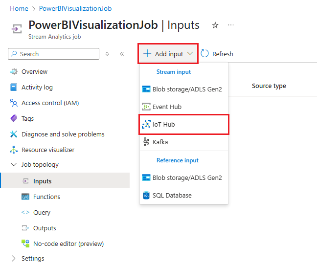 Captura de tela que mostra a seleção do Hub IoT no menu Adicionar entrada.