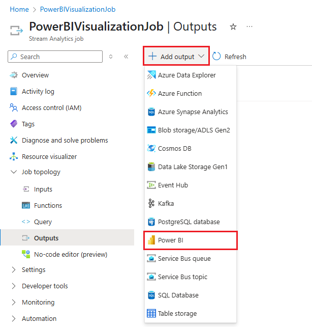 Captura de tela que mostra a seleção do Power BI no menu Adicionar saída.