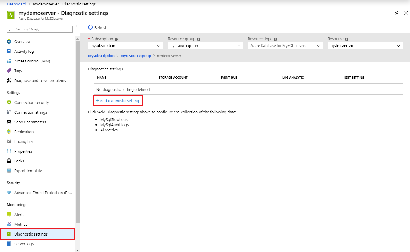 Captura de tela de opções de Configurações de diagnóstico