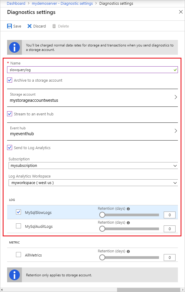 Captura de tela das opções de definição das configurações de diagnóstico