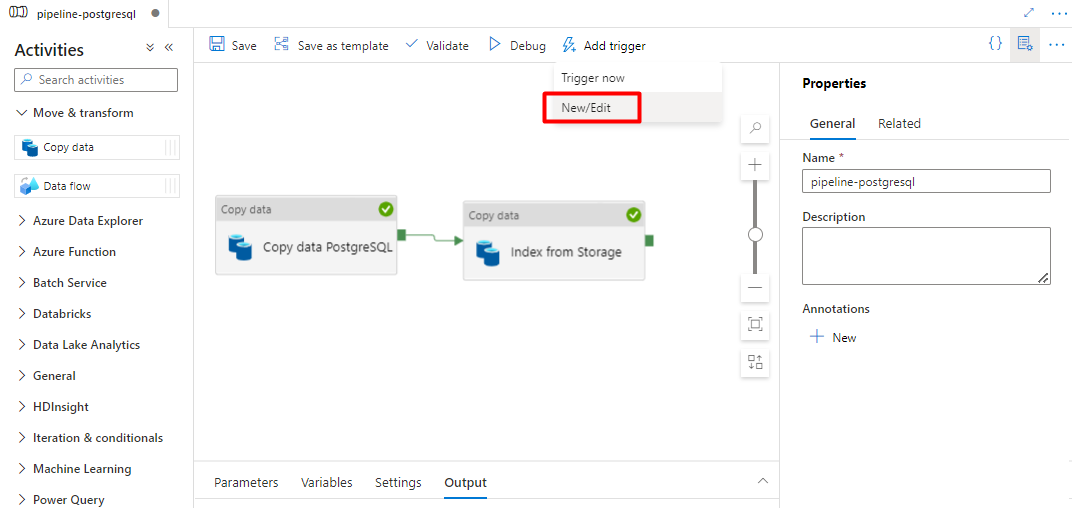 Captura de tela mostrando como adicionar um novo gatilho para um pipeline no Data Factory.