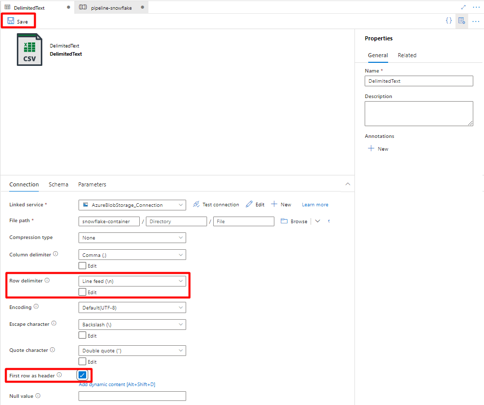 Captura de tela mostrando como salvar uma configuração de DelimitedText para ser usada como coletor para o Snowflake.