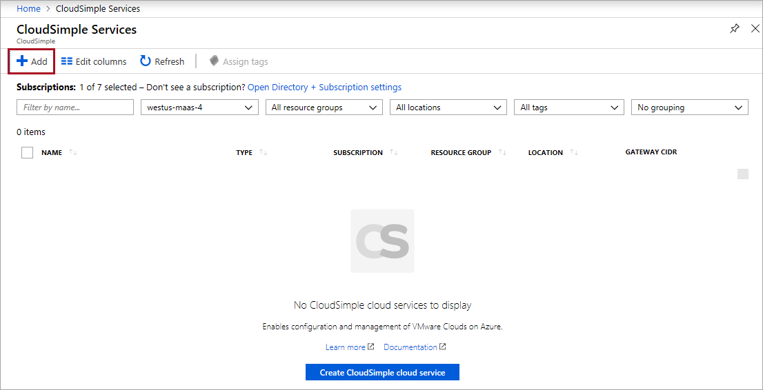 Adicionar Serviço da CloudSimple