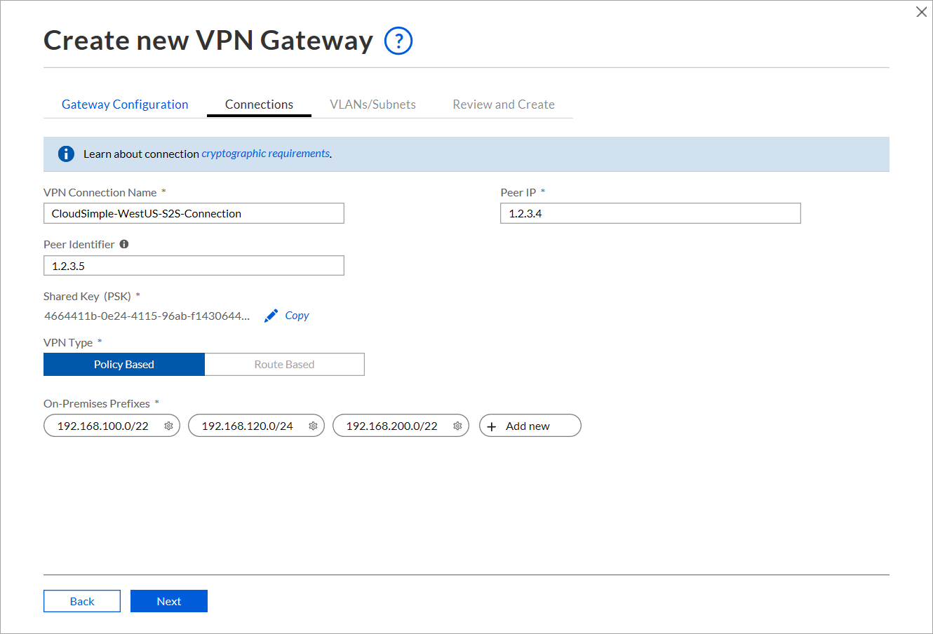 Criar conexão de gateway de VPN site a site