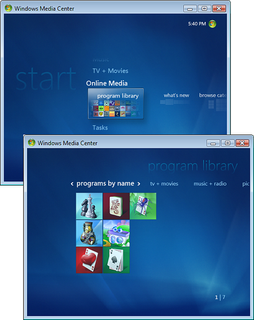 Capturas de tela do Windows Media Center