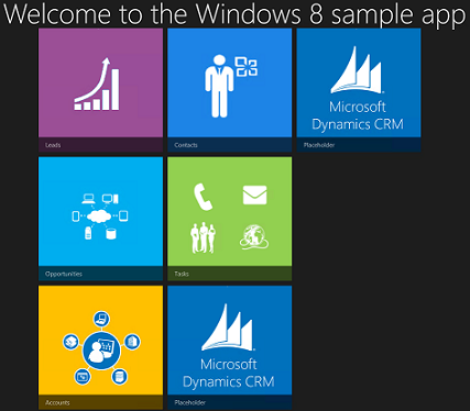 A tela principal do aplicativo de exemplo do Windows 8