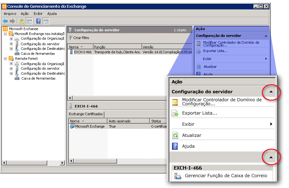 Console de Gerenciamento do Exchange mostrando o painel de ações