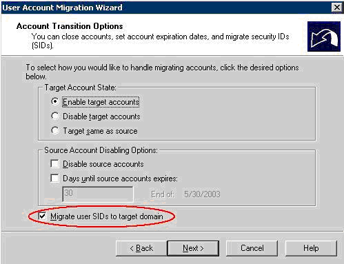Opções de migração de conta de ADMT USER