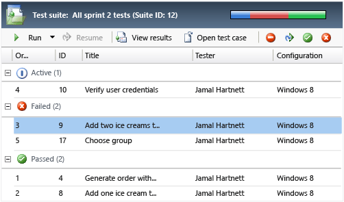 Exibir resultados de teste e redefinir um teste pronto para executar novamente