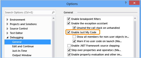 Habilitar Just My Code, na caixa de diálogo Opções