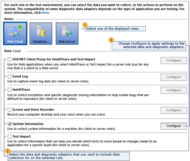 Página de dados e diagnóstico de configuração de teste