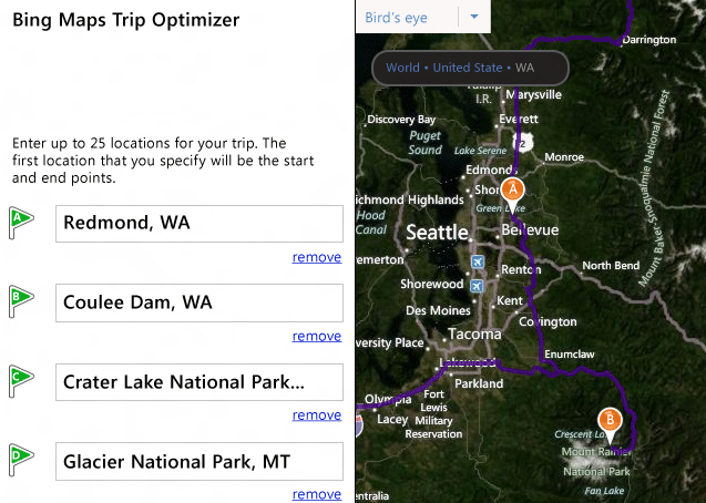 Mapas do Bing Otimizador de viagem
