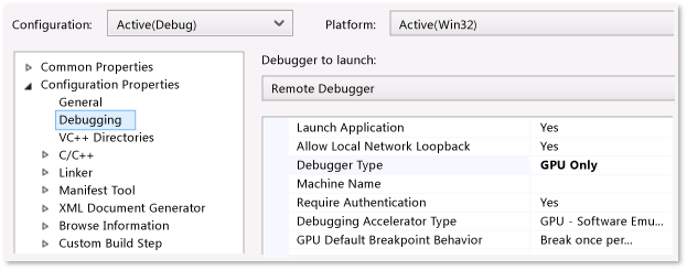 Página de propriedades de depuração de aplicativo de C++ Windows Store