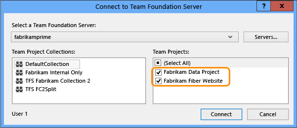 Conectar-se a caixa de diálogo do Team Foundation Server