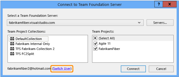 Conectar-se a caixa de diálogo do Team Foundation Server