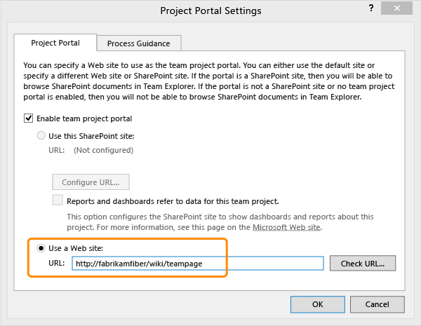 Especifique a URL para o portal de projeto de site da Web