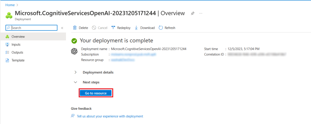 A captura de tela mostra a implantação do OpenAI do Azure.