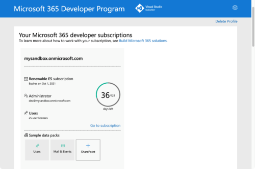 A captura de tela mostra o exemplo do que você vê depois de se inscrever no programa para desenvolvedores do Microsoft 365.