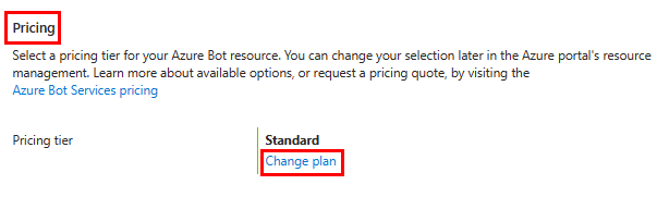 A captura de tela mostra a opção de preço no portal do Azure.