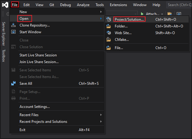 Captura de tela do menu de arquivo do Visual Studio. As entradas de menu intituladas Abrir no menu Arquivo e Projeto/Solução em Abrir são destacadas em vermelho.
