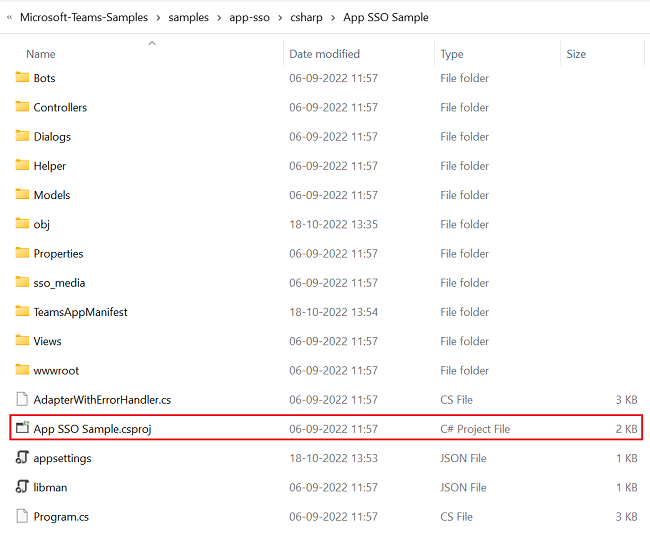 Captura de tela do arquivo do Project com o arquivo App SSO Sample.csproj destacado em vermelho.