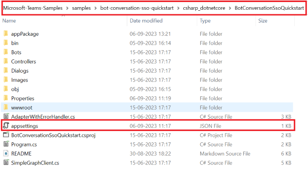 A captura de tela mostra o local do arquivo json do appsettings.