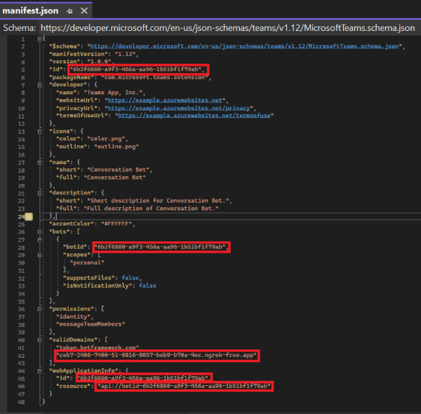 A captura de tela mostra os detalhes preenchidos no arquivo de manifesto no visual studio.