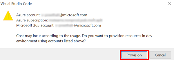 A captura de tela mostra uma caixa de diálogo em que os custos podem ser incorridos ao executar recursos no Azure.