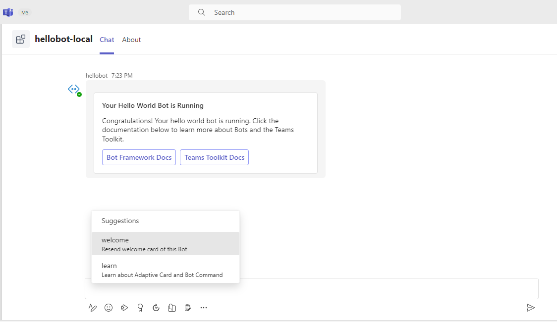 A captura de tela mostra que o bot está em execução no cliente do Teams.