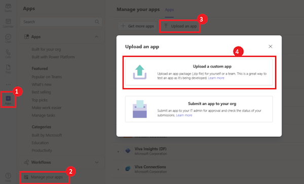 A captura de tela mostra a opção de carregar um aplicativo personalizado no Teams.