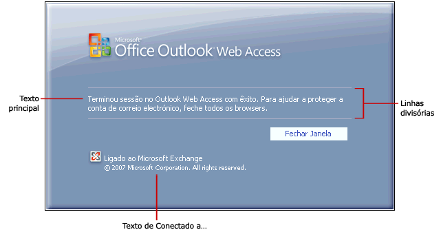 Página de logoff do Outlook Web Access com opções de texto