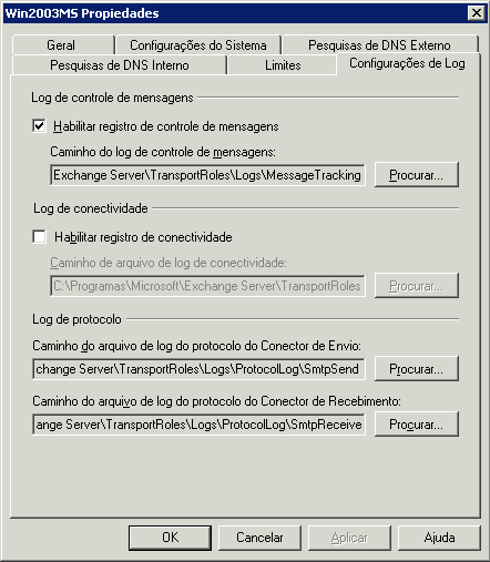 Captura de tela da guia Configurações de log no SP1