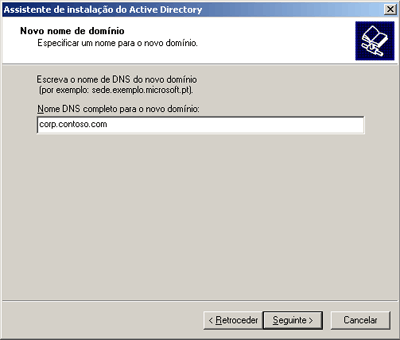 Instalação do Active Directory, página Nome do Novo Domínio