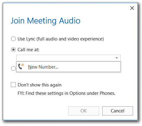 Captura de tela da janela Chamada de áudio de reunião do Lync