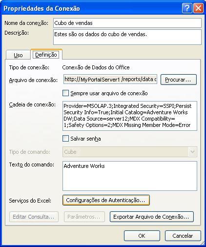 Configurações de propriedade de conexão de Serviços do Excel