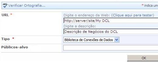 Caixa de diálogo de configuração de DCL dos Serviços do Excel