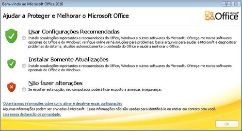 Tela de boas-vindas do Office 2010 com opções de privacidade