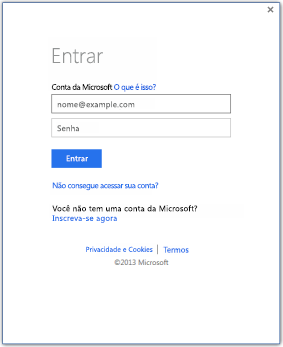 Uma captura de tela de uma janela de início de sessão que permite que você entre no Office 2013 com o nome de usuário da conta Microsoft.