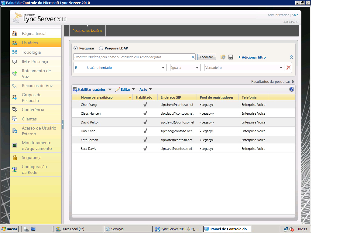 Pesquisa do Painel de Controle do Lync Server para Usuários