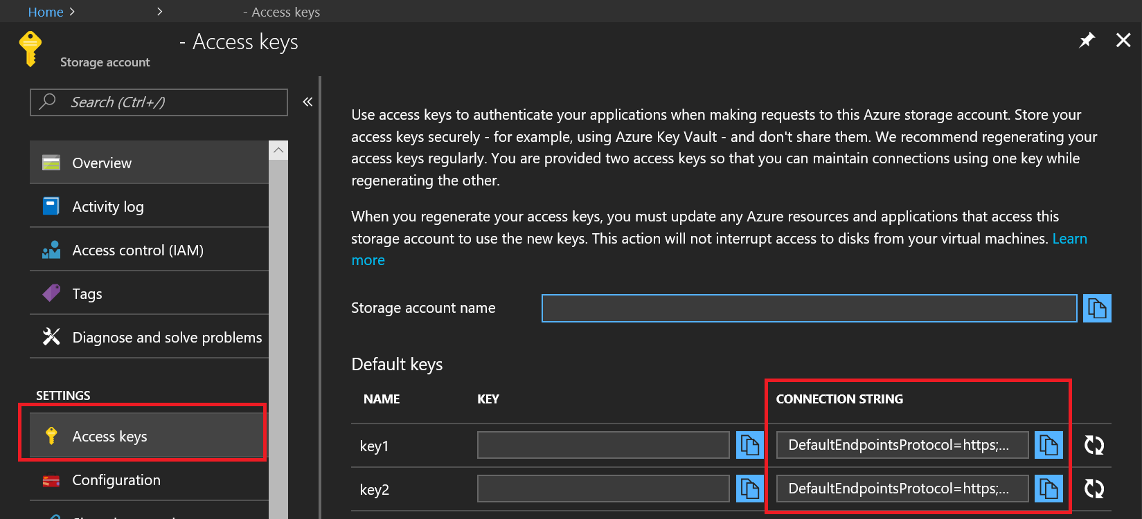 Azure Storage Keys in Azure Porta