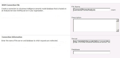 Página de conexão do BISM mostrando a página de conexão DA URL para a pasta de trabalho