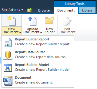 Itens de SSRS no menu Novo Documento do SharePoint