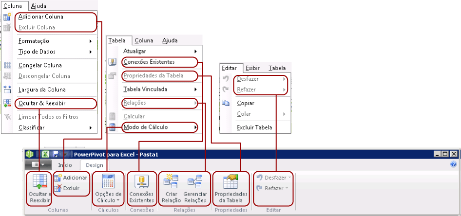 Mapeamento da guia de design da faixa de opções para os menus do Windows XP