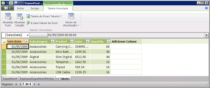 Guia de tabelas vinculadas da janela do PowerPivot com texto explicativo