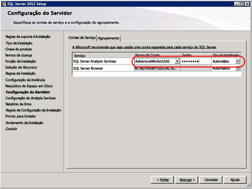 Página de configuração de servidor, Assistente de instalação do SQL Server