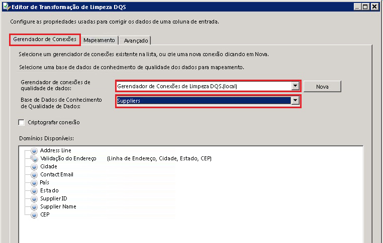 Caixa de diálogo Editor de Transformação de Limpeza DQS - KB de Fornecedores
