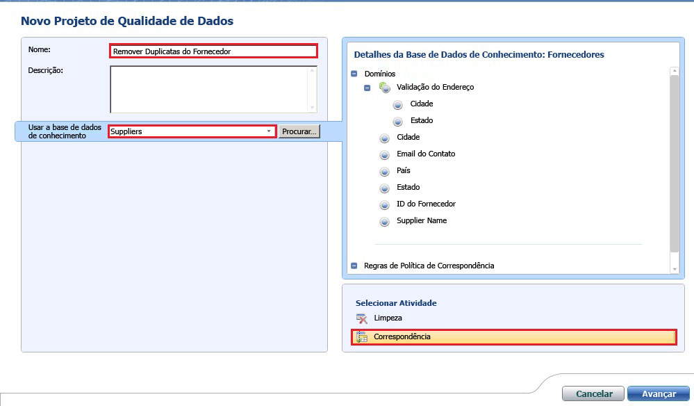 Projeto de Qualidade de Novos Dados - Correspondência selecionada